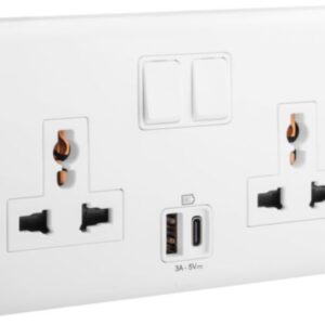 Legrand-Eloe - 2 gang multistandard single pole switched socket + USB A+C - White