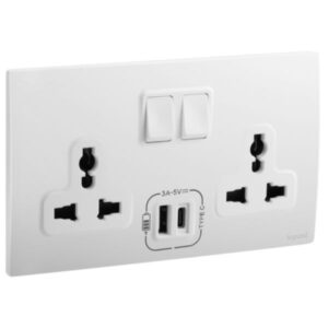 Legrand-Mallia Senses - 2 gang Multistandard switched socket outlet with 3000 mA A and C type USB chargers - Matt White