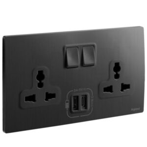 Legrand Mallia Senses - 2 gang Multistandard switched socket outlet with 3000 mA A and C type USB chargers - Matt Black